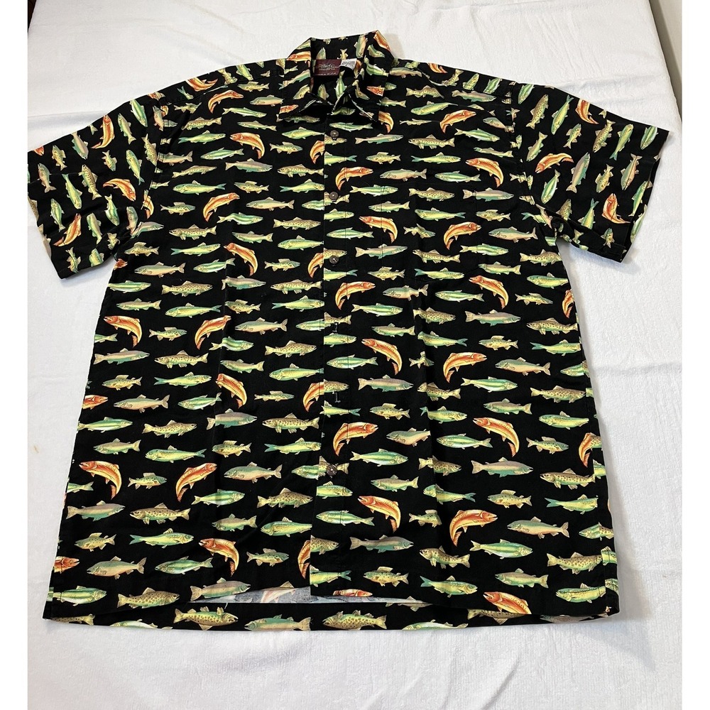 VTG High Seas Trading Co Men Large Fish Bass Salmon AOP Shirt Button Up USA Made